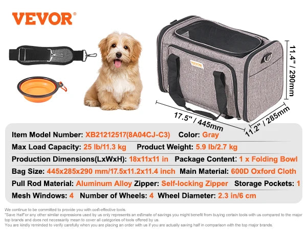 Rolling Dog Carrier Backpack | 4-Wheel Telescopic Handle | Airline-Compatible | Up to 35lbs