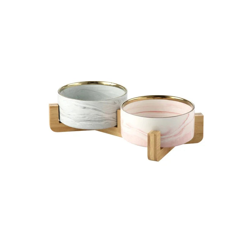 Marble Ceramic Dog Bowl Collection | Wood Stand | Single & Double | 14 Colors | 400ml & 850ml