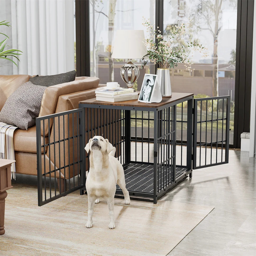 Wooden Dog Crate Black Metal Pet Furniture White Dog Cage End Table, 3 Doors & Removable Tray, for Small/Medium/Large Dogs