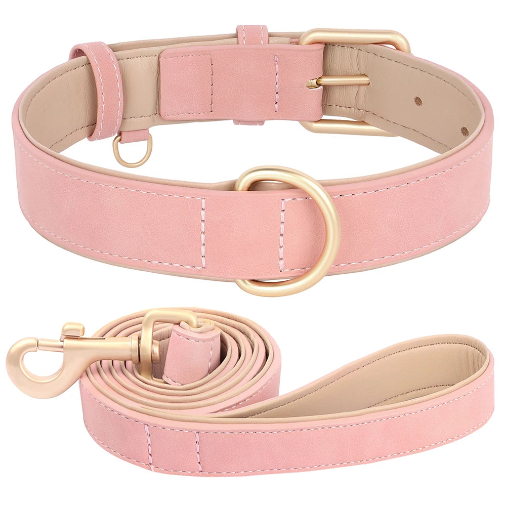 Soft Padded PU Leather Dog Collar & Leash Set — Adjustable, S/M/L/XL