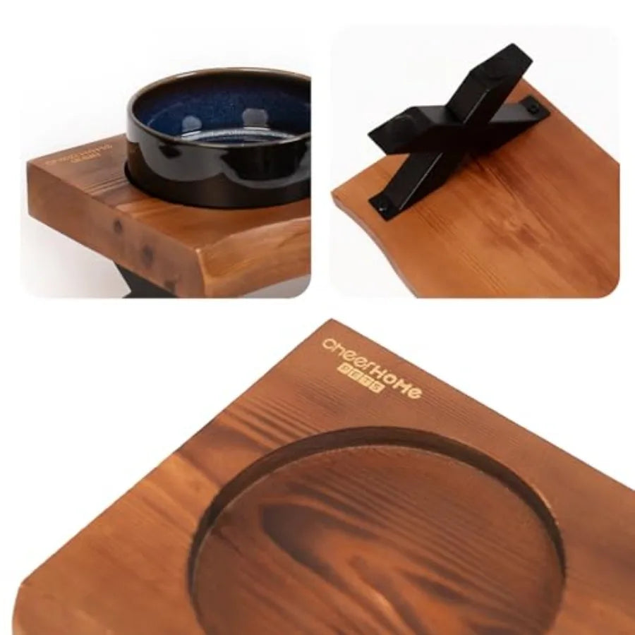 Raised Wooden Pet Feeding Station with Ceramic Bowls
