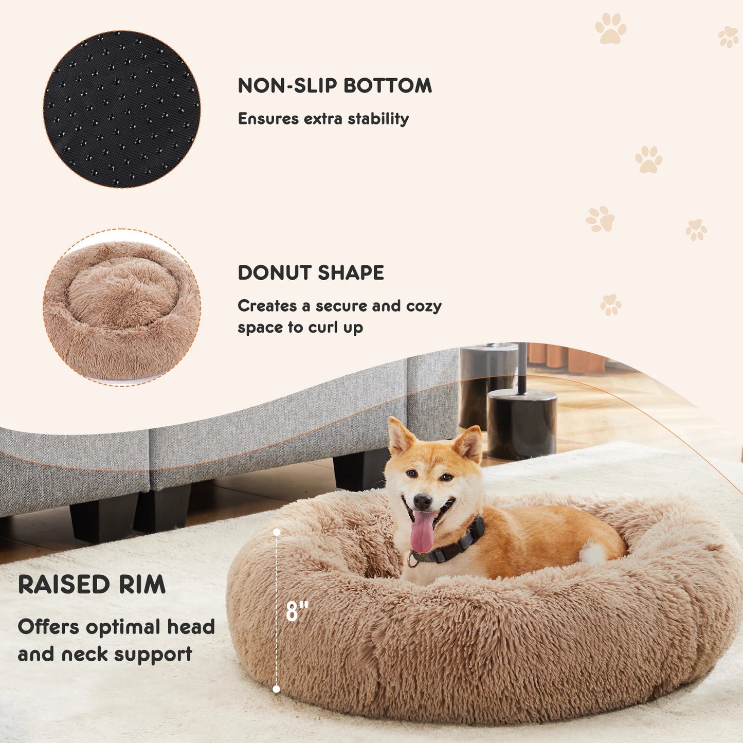 Calming Dog Bed | Round Fluffy Faux Fur | Anti-Slip | Washable | Medium to Large Dogs