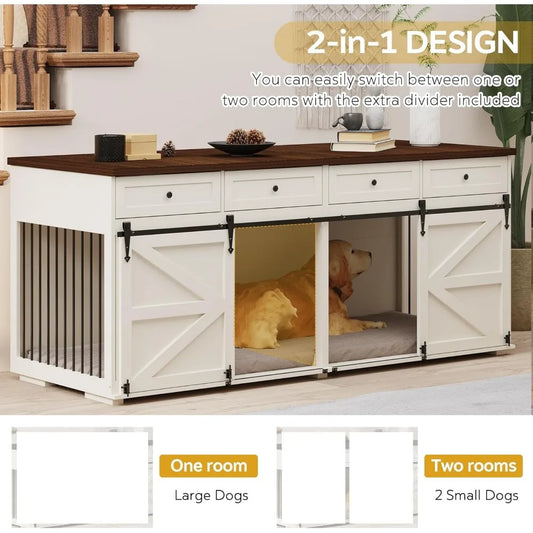 Indoor Wooden Dog Crate with 4 Drawers and Sliding Barn Doors for Small to Large Dogs - Stylish Kennel Furniture