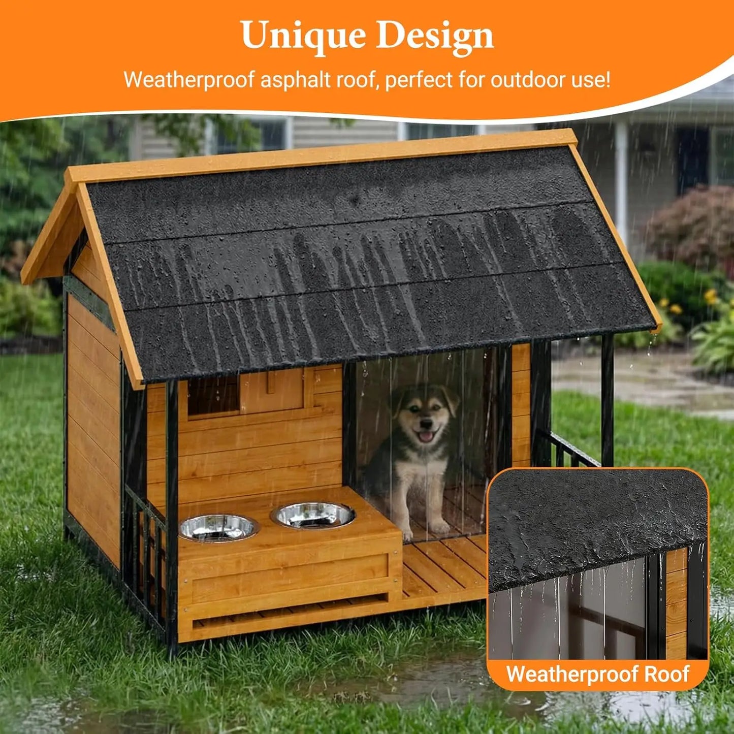 XL Outdoor Dog House with Feeding Station — Weatherproof Cedar Kennel with Openable Roof