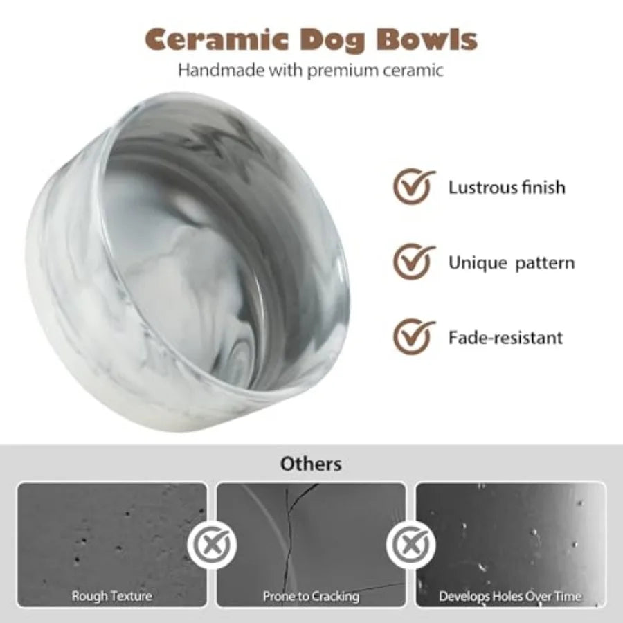 Marble Ceramic Dog Bowl Set with Wood Stand | 3.6-Cup | Food & Water | Medium Dogs