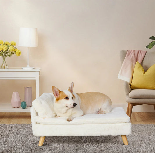 L-Shape Dog Sofa Bed | Rubber Wood Legs | Plush Cushion & Pillow | S & M