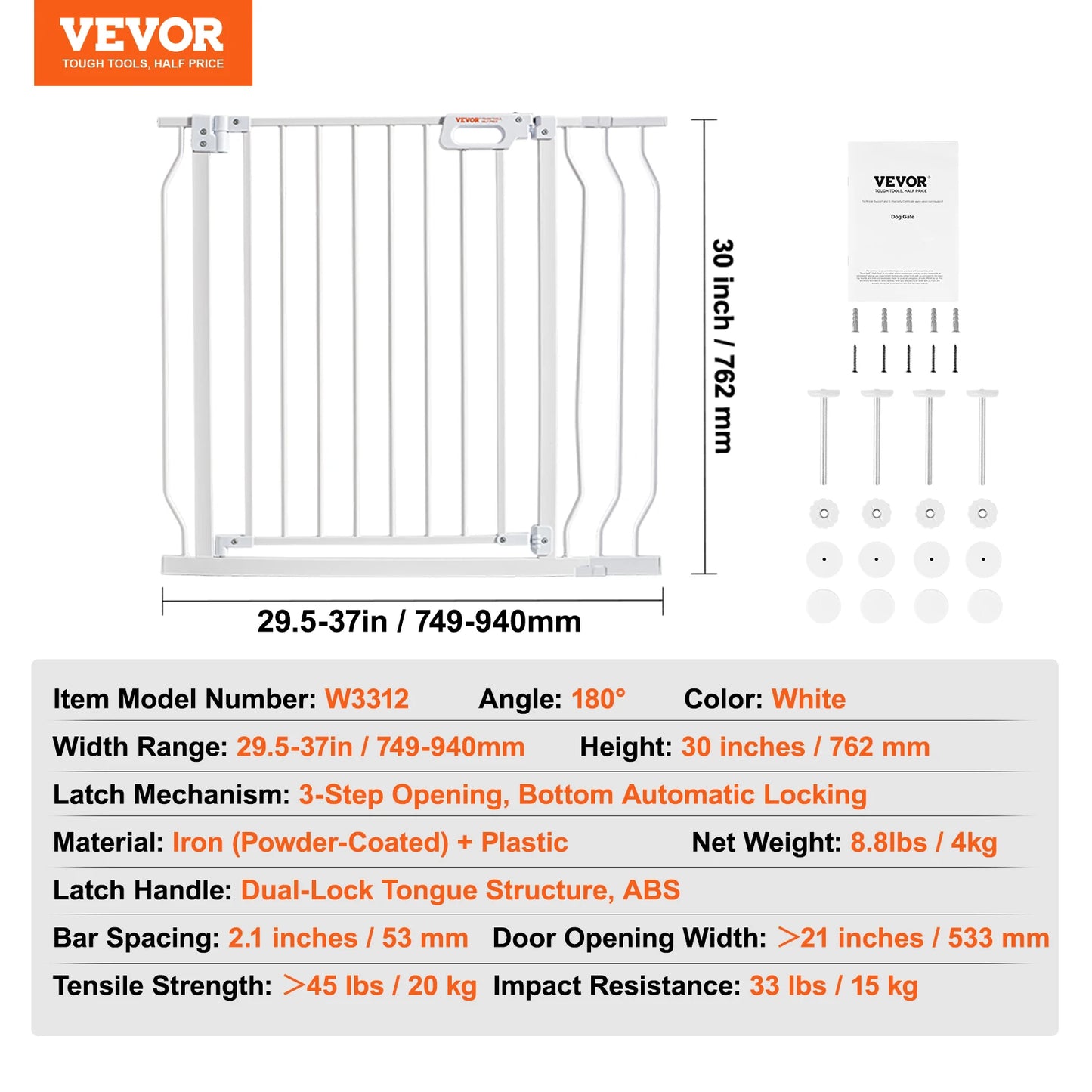 Dog Gate 30" High — Pressure Mount, Auto-Close, One-Hand Operation | Black | Walk-Thru