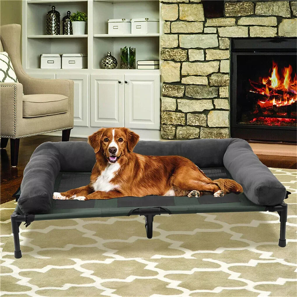 BINGOPAW Outdoor Elevated Dog Bed Cooling Raised Pet Lounger Bed Mesh Cot Sleep Camping Bed with Detachable Plush Bolster