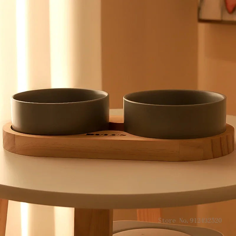 Ceramic Dog Bowl with Wooden Stand | Anti-Tip | Neck Protection | Stylish Pet Feeder