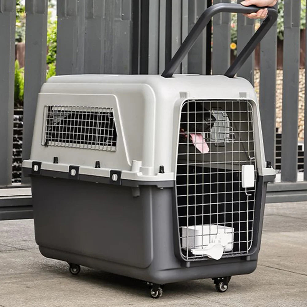 Large Dog Airline Carrier Crate | 33" Durable Plastic Travel Cage with Metal Door