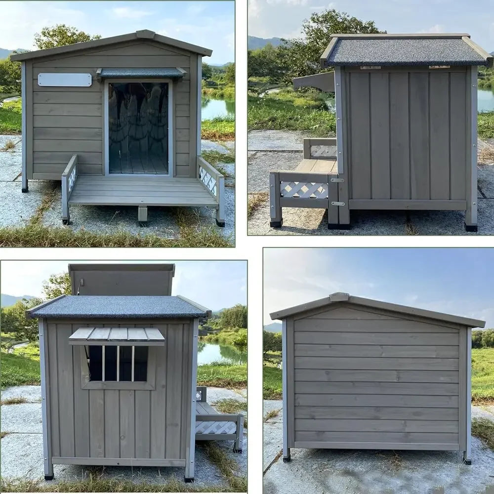 Outdoor Wooden Dog Kennel | Weatherproof Roof, Raised Floor & Ventilated Window | Gray