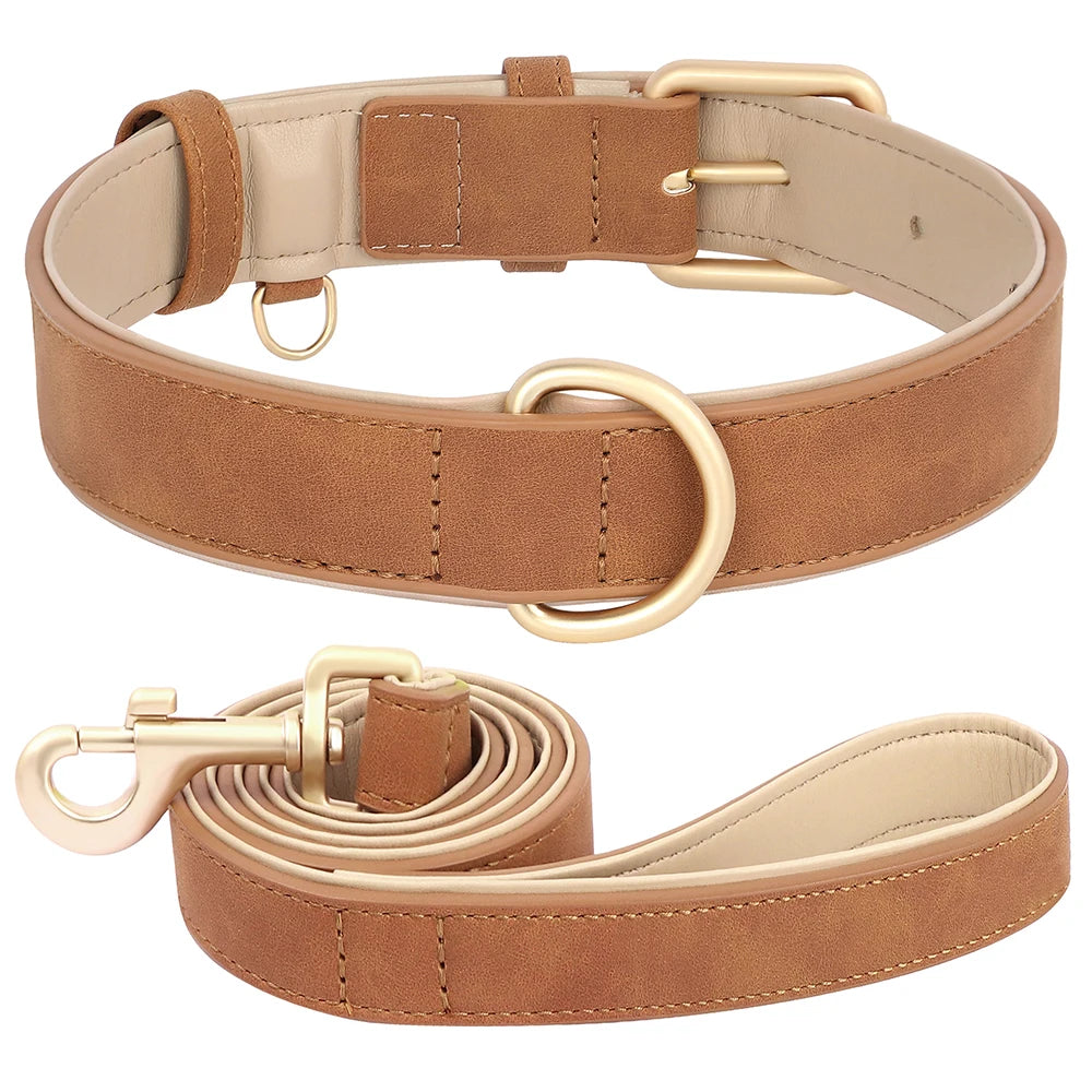 Soft Padded PU Leather Dog Collar & Leash Set — Adjustable, S/M/L/XL