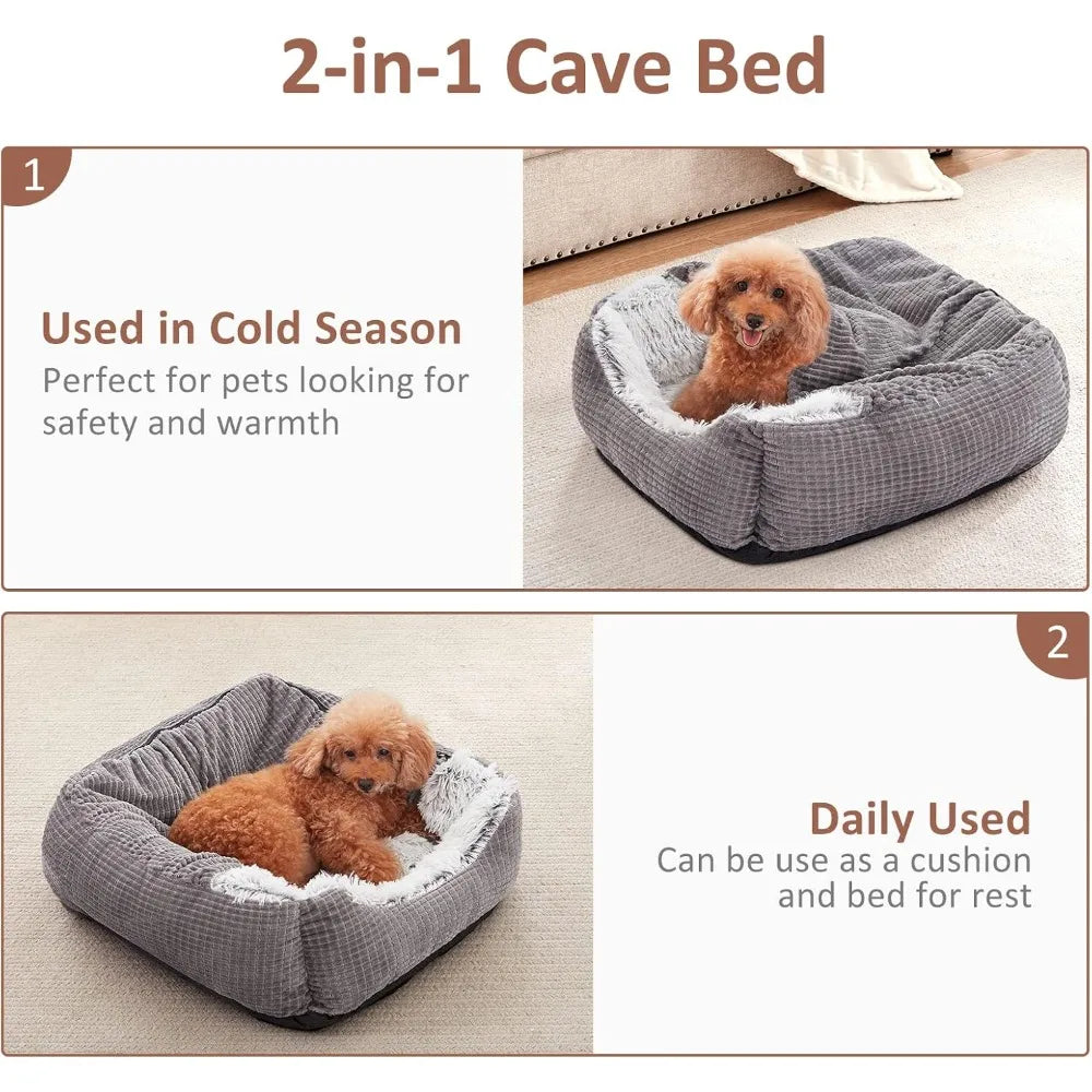Hooded Cave Dog Bed | Orthopedic Rectangle Design | 35" | Machine Washable | Grey