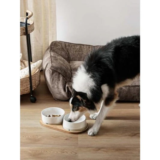 Ceramic Dog Bowls for Medium and Small Dogs - 3.2 Cup Weighted Non-Slip Food and Water Bowls with Acacia Wood Tray Pet Bowl Set