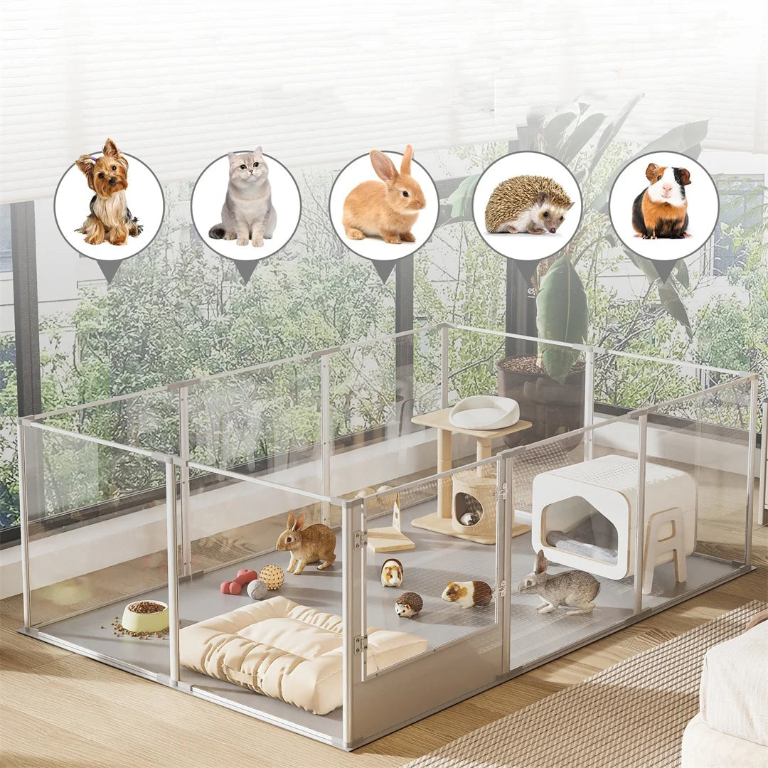 10-Panel XL Clear Acrylic Dog Playpen | 180x120x61cm | Waterproof Pad | Indoor | Up to 44lbs