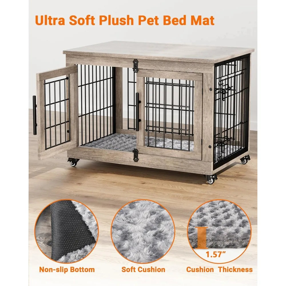 Dog Crate Furniture with Cushion, Kennel with Double Doors, Heavy Duty Cage End Table with Wheels, House，Customized