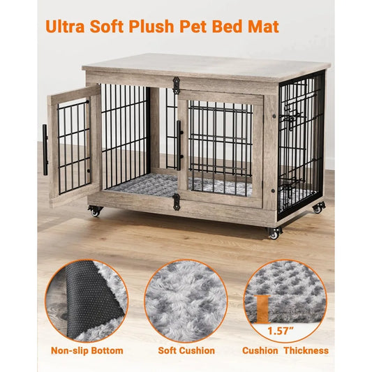 Dog Crate Furniture with Cushion, Kennel with Double Doors, Heavy Duty Cage End Table with Wheels, House，Customized
