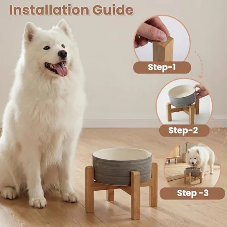 Elevated Ceramic Dog Bowl with Bamboo Stand | Modern Design | Anti-Slip | Small to Medium Dogs