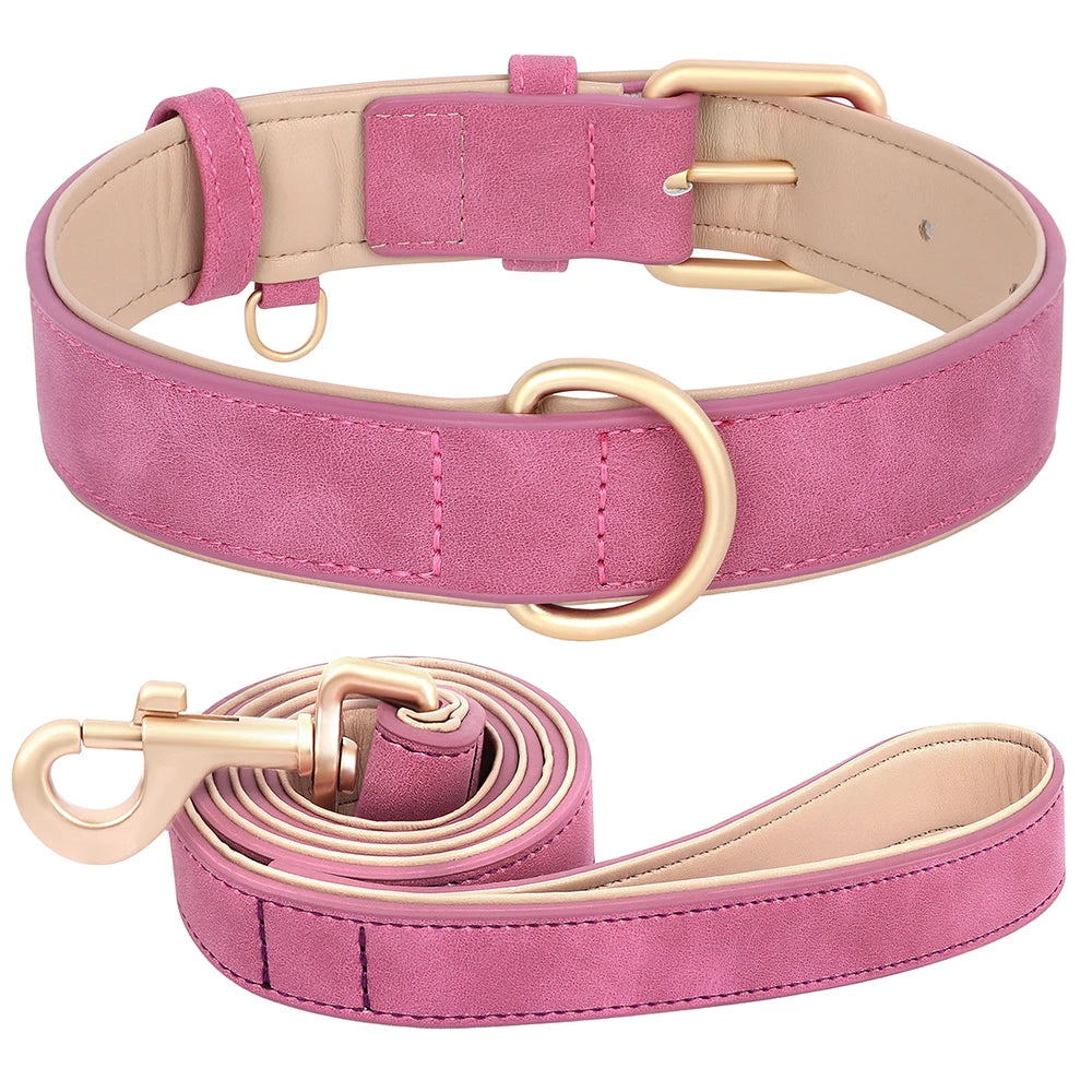 Soft Padded PU Leather Dog Collar & Leash Set — Adjustable, S/M/L/XL
