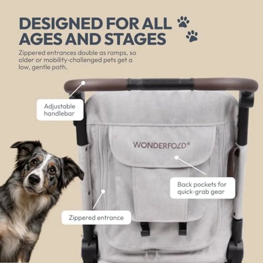 WonderFold PF Luxury Flat-Fold Pet Stroller | Up to 66 lbs | Elevated Walk | Gray