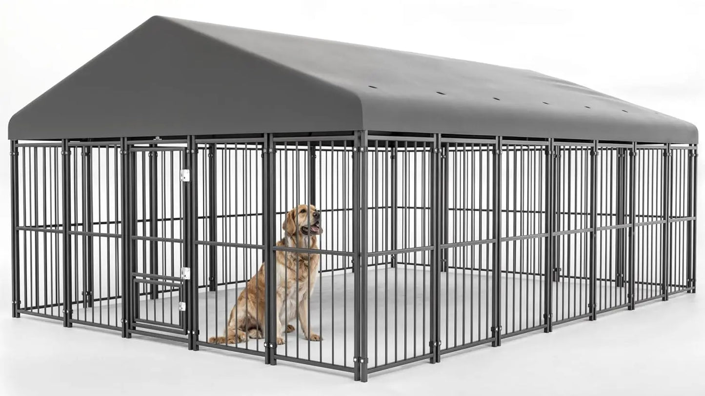 10×14 FT Large Outdoor Dog Kennel with Roof — Heavy Duty, Double Lock Door & Feeding Door