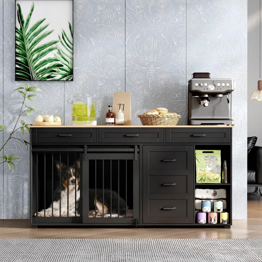 72.5" Dog Crate Furniture with TV Stand, Drawers & Shelves — Heavy Duty Indoor Kennel