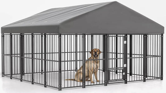 10×10 FT Outdoor Dog Kennel with Roof — Heavy Duty, Escape-Proof Double Locks & Swivel Feeding Door