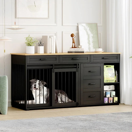 72.5" Dog Crate Furniture with TV Stand, Drawers & Shelves — Heavy Duty Indoor Kennel