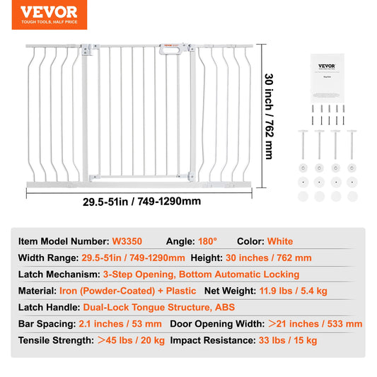 Dog Gate 30" High — Pressure Mount, Auto-Close, One-Hand Operation | White | Walk-Thru