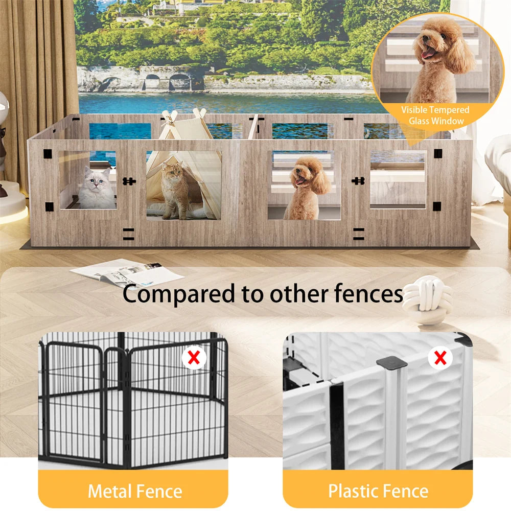 Large Dog Playpen Pet Whelping Box Tempered Glass Safe Pet Puppy Dog Playpen with Pig Rails and Waterproof Mat