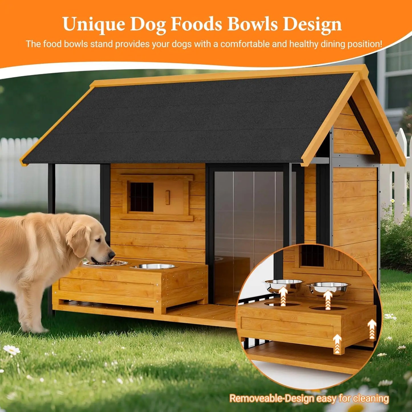 XL Outdoor Dog House with Feeding Station — Weatherproof Cedar Kennel with Openable Roof