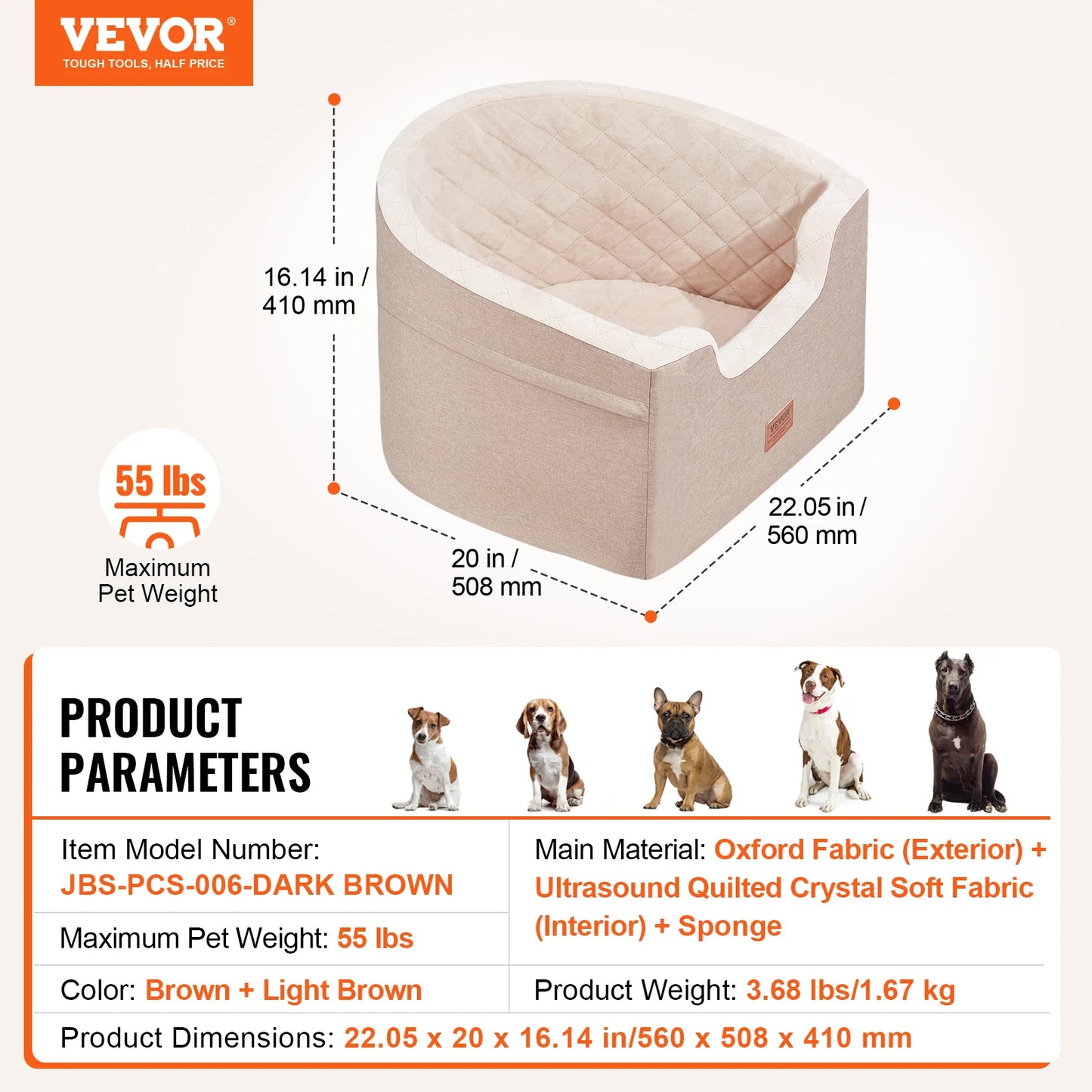 Dog Car Booster Seat | Sofa-Style | Waterproof | Clip-On Safety Leash | Up to 100lbs