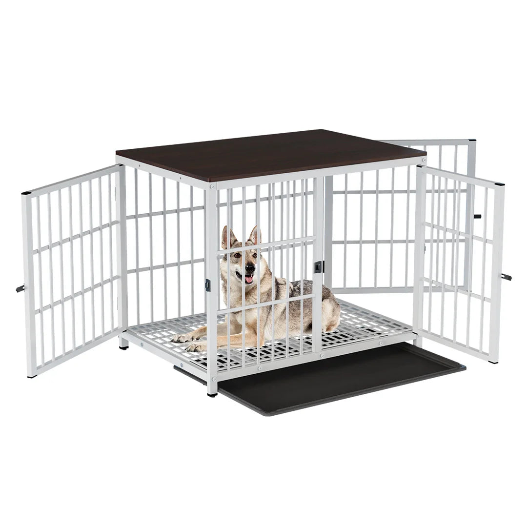 Wooden Dog Crate Black Metal Pet Furniture White Dog Cage End Table, 3 Doors & Removable Tray, for Small/Medium/Large Dogs