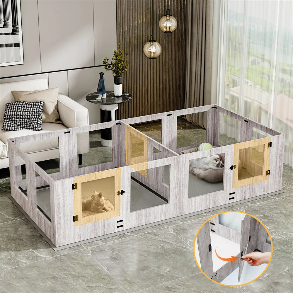 Large Dog Playpen Pet Whelping Box Tempered Glass Safe Pet Puppy Dog Playpen with Pig Rails and Waterproof Mat
