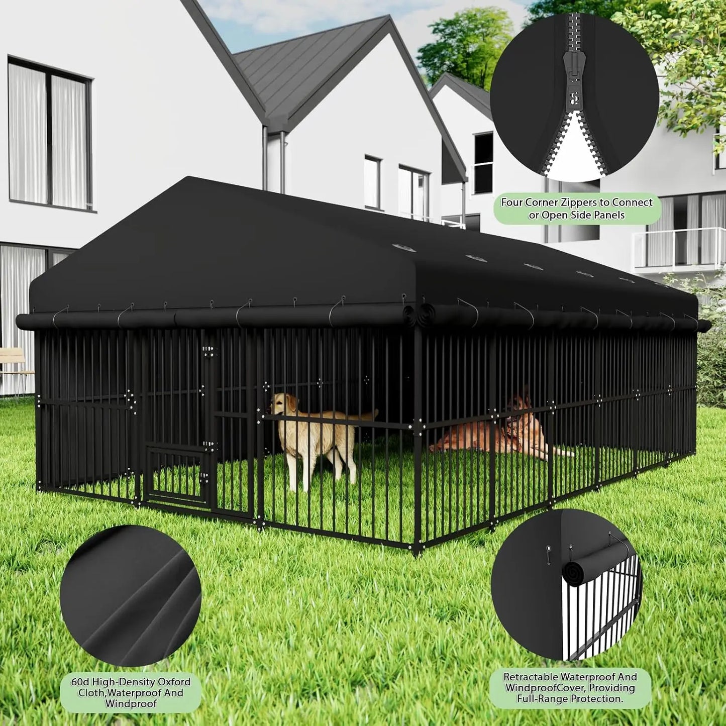 Outdoor Dog Kennel 10×15×6.5 FT — Heavy Duty Metal Frame, Waterproof Oxford Enclosure & Swivel Door