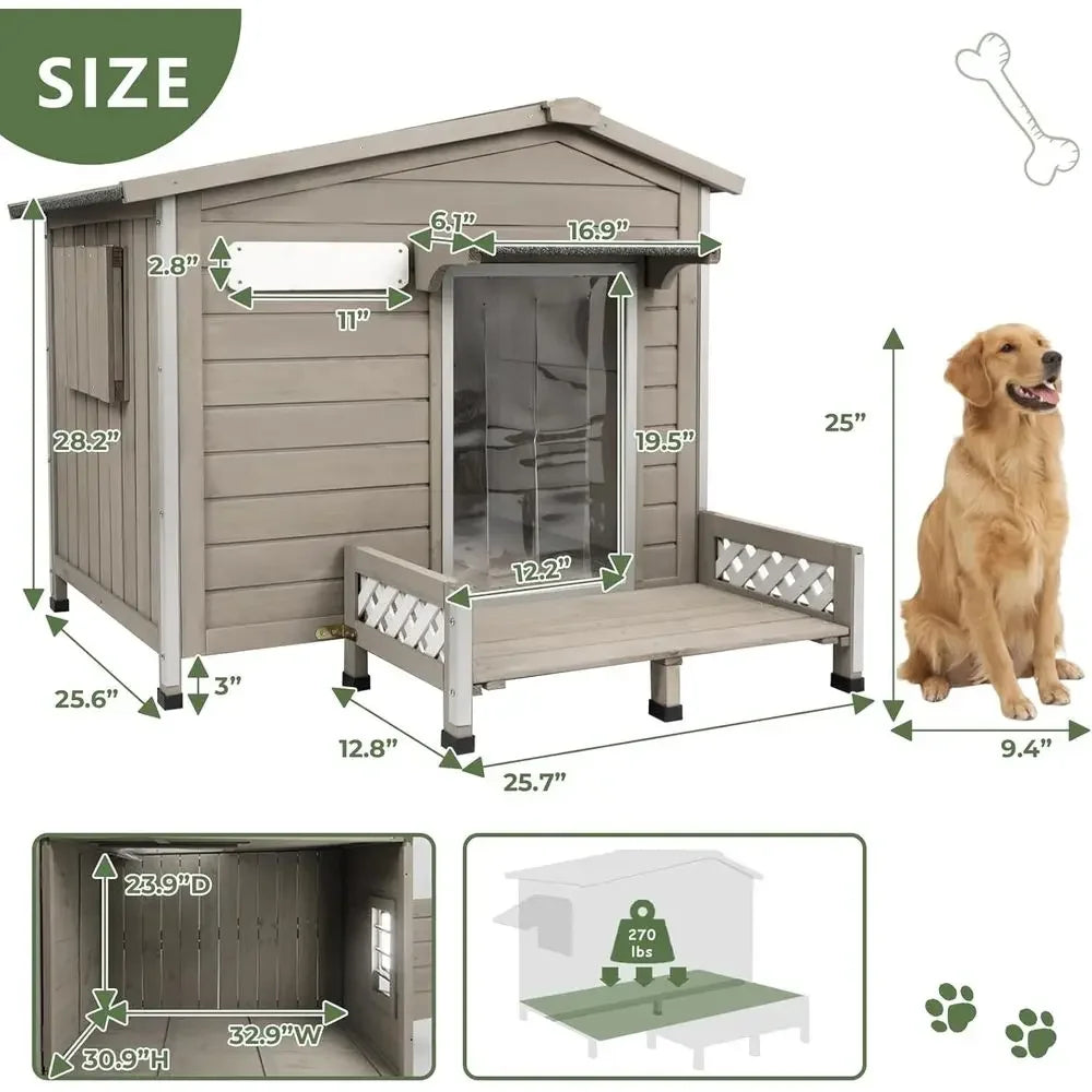 Outdoor Wooden Dog Kennel | Weatherproof Roof, Raised Floor & Ventilated Window | Gray