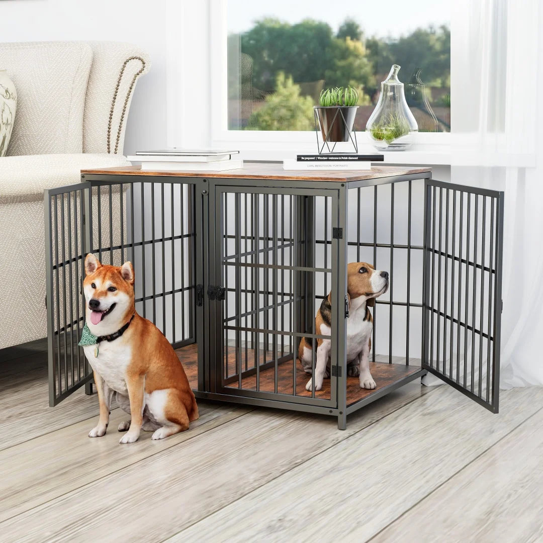 Furniture-Style Wooden Dog Crate | Side Table | 4 Doors | Holds 110lbs | Black & Dark Walnut