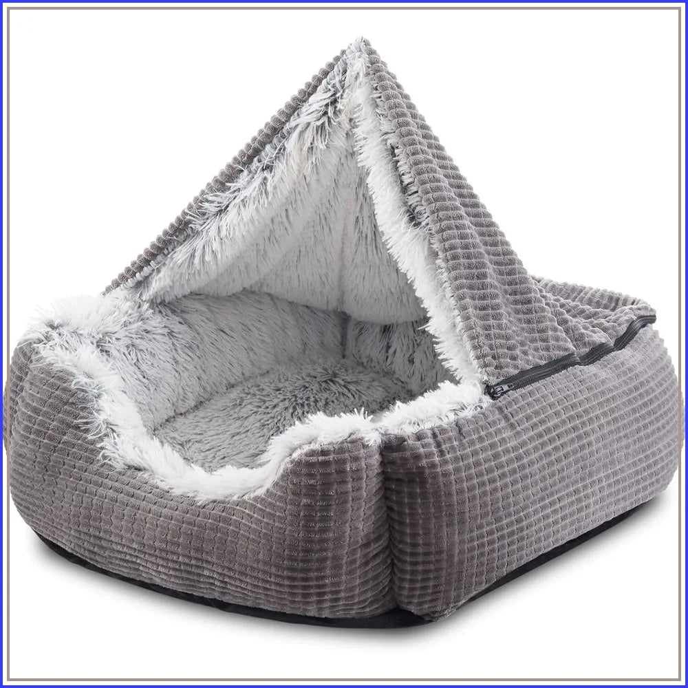 Hooded Cave Dog Bed | Orthopedic Rectangle Design | 35" | Machine Washable | Grey