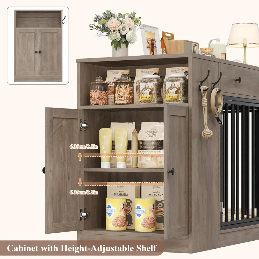Dog Crate Furniture with Storage Drawers & Side Cabinet — Single/Double Indoor Kennel