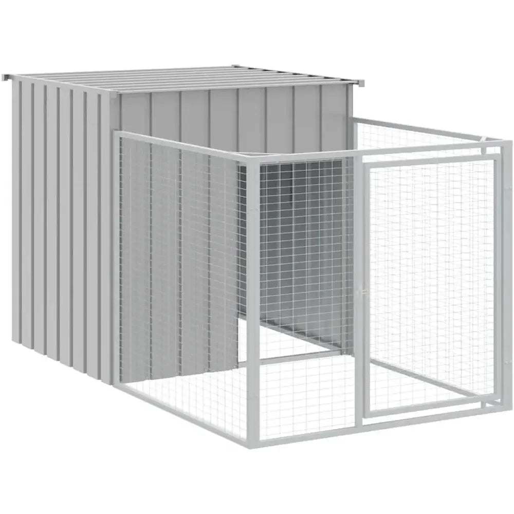 Galvanized Steel Dog Kennel with Run | Outdoor Shelter | Gray