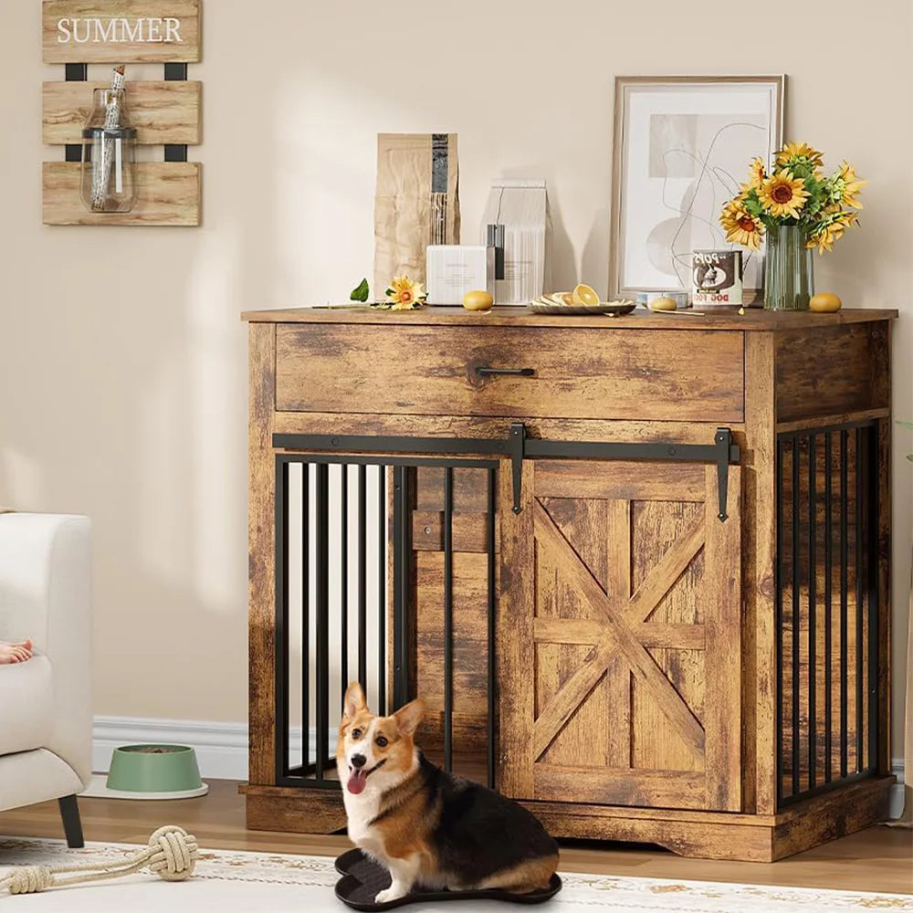 Farmhouse Dog Crate End Table — 37.8" with Sliding Barn Doors & Drawer | Grey, Brown, White