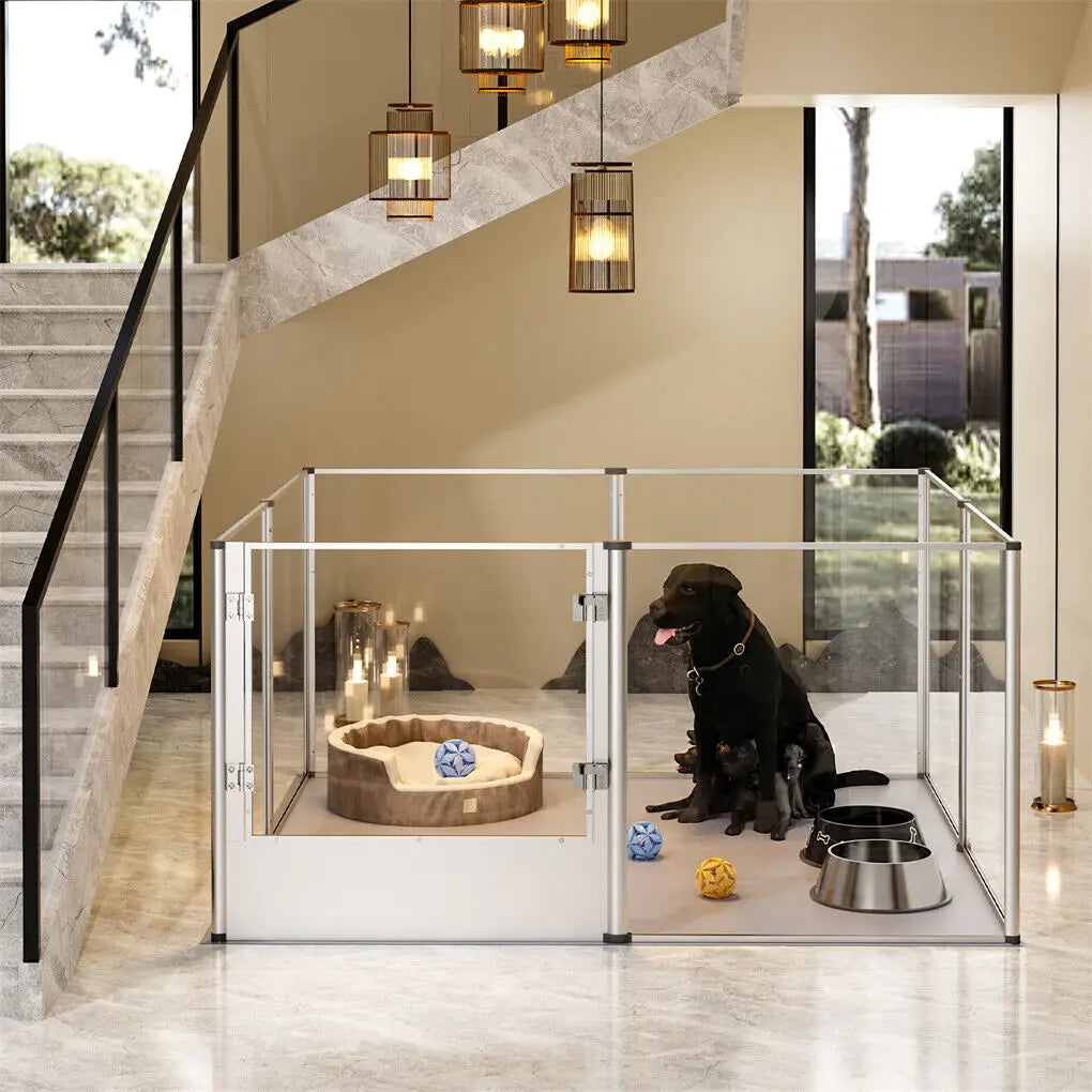 Clear Acrylic Dog Playpen | Indoor Whelping Pen | Waterproof Floor Pad | 4 Sizes