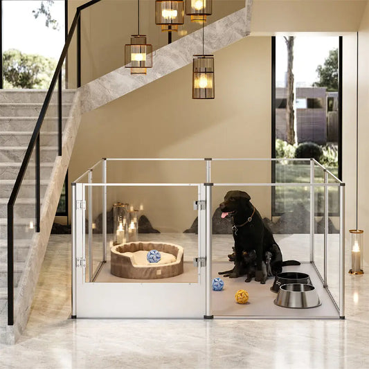Clear Acrylic Dog Playpen | Indoor Whelping Pen | Waterproof Floor Pad | 4 Sizes