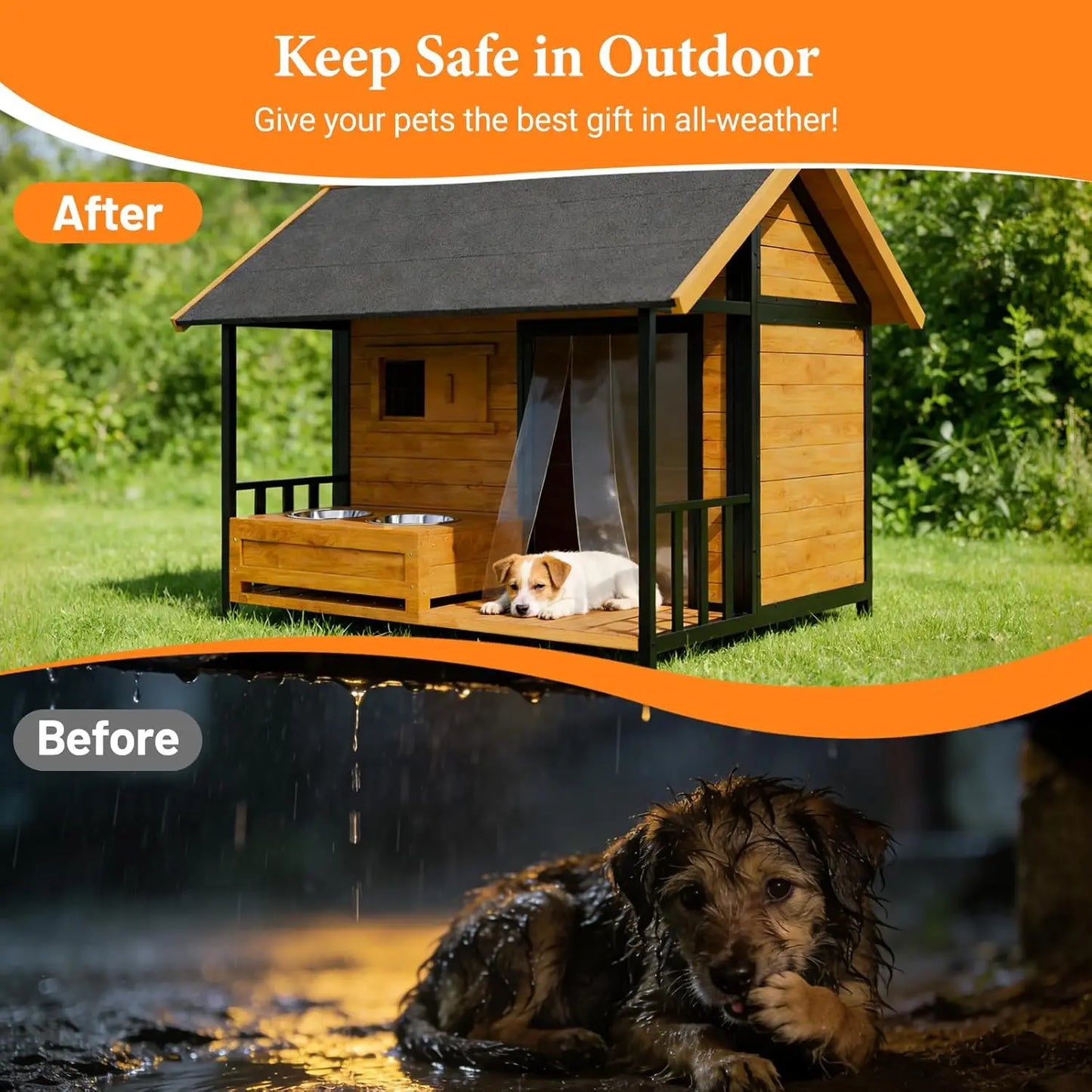XL Outdoor Dog House with Feeding Station — Weatherproof Cedar Kennel with Openable Roof