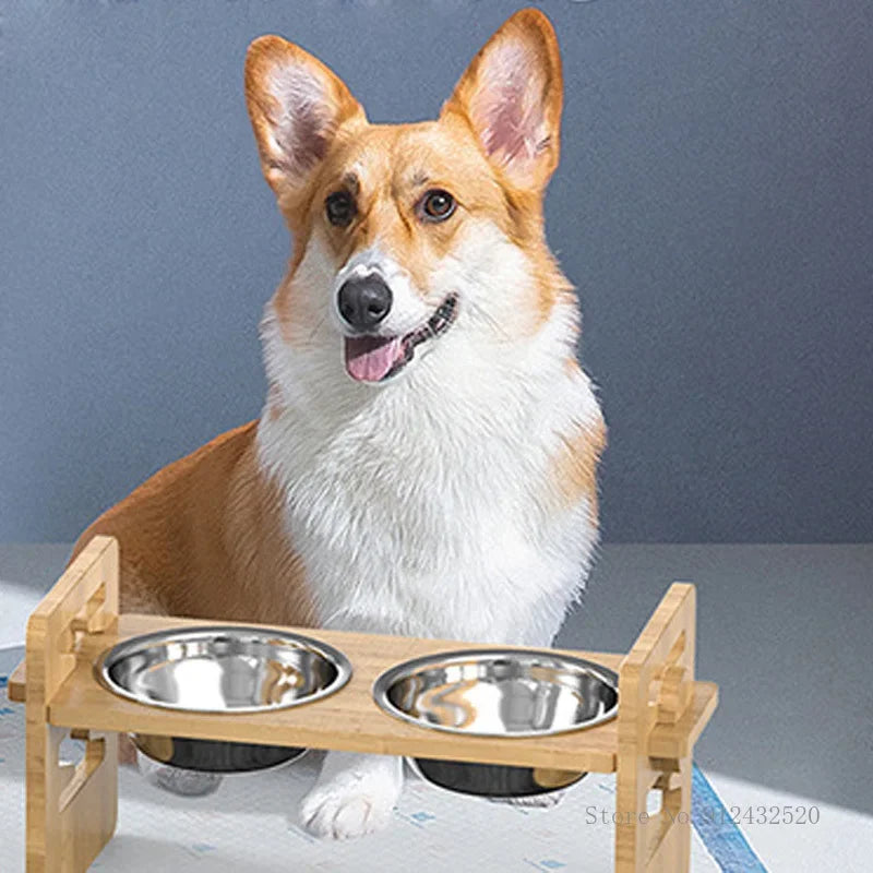 Foldable Dog Dining Table | Double Stainless Steel Bowls | Wooden Stand | Food & Water