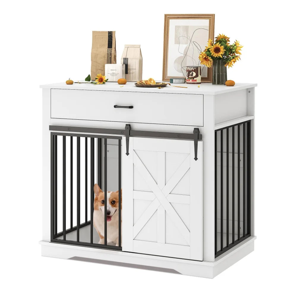 Farmhouse Dog Crate End Table — 37.8" with Sliding Barn Doors & Drawer | Grey, Brown, White