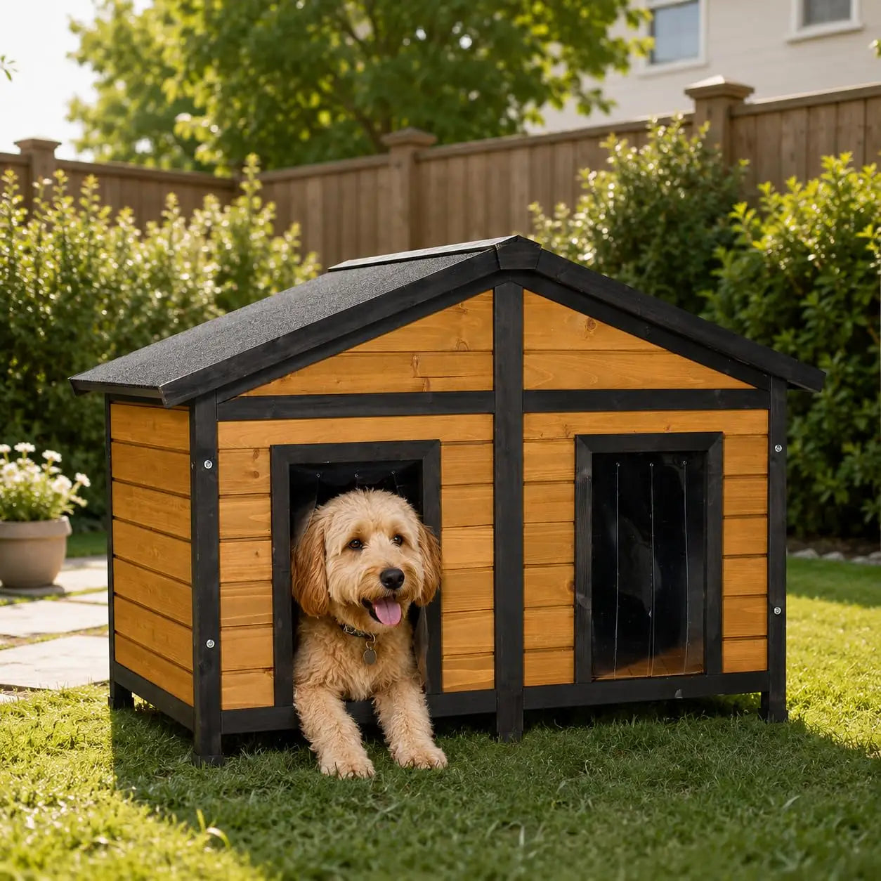 47" Outdoor Wooden Dog House — Double Door with Clear Flaps, Openable Roof & Raised Floor