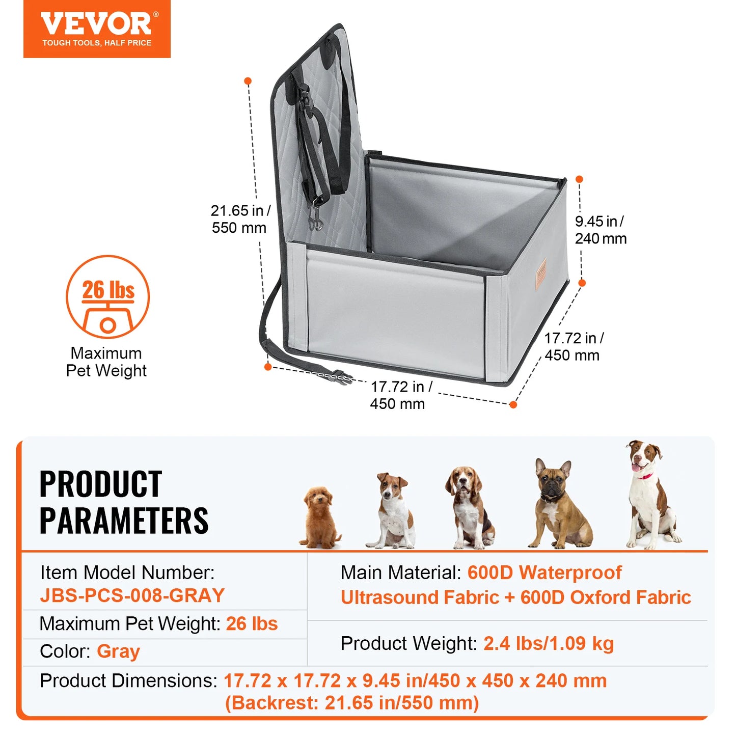 Dog Car Booster Seat | Sofa-Style | Waterproof | Clip-On Safety Leash | Up to 100lbs