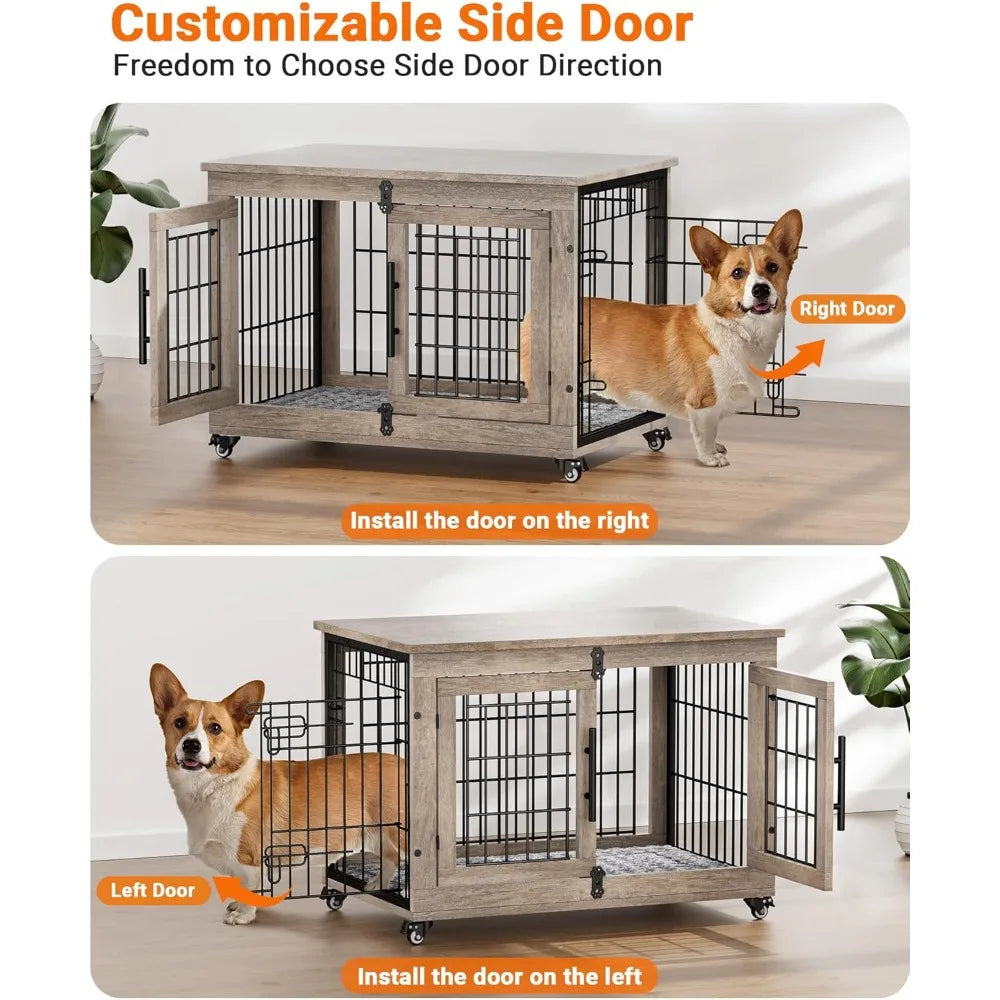Dog Crate Furniture with Cushion, Kennel with Double Doors, Heavy Duty Cage End Table with Wheels, House，Customized