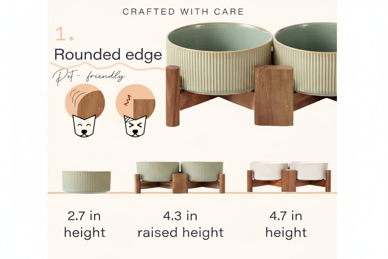 Ceramic Dog Bowl Set with Acacia Wood Stand | Set of 2 | Vintage Colors | Medium Dogs